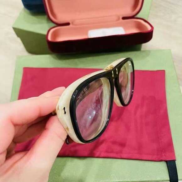 NIB Authentic GUCCI Horn Black Blue Clip Retro Aviator Sunglasses - Picture 3 of 7